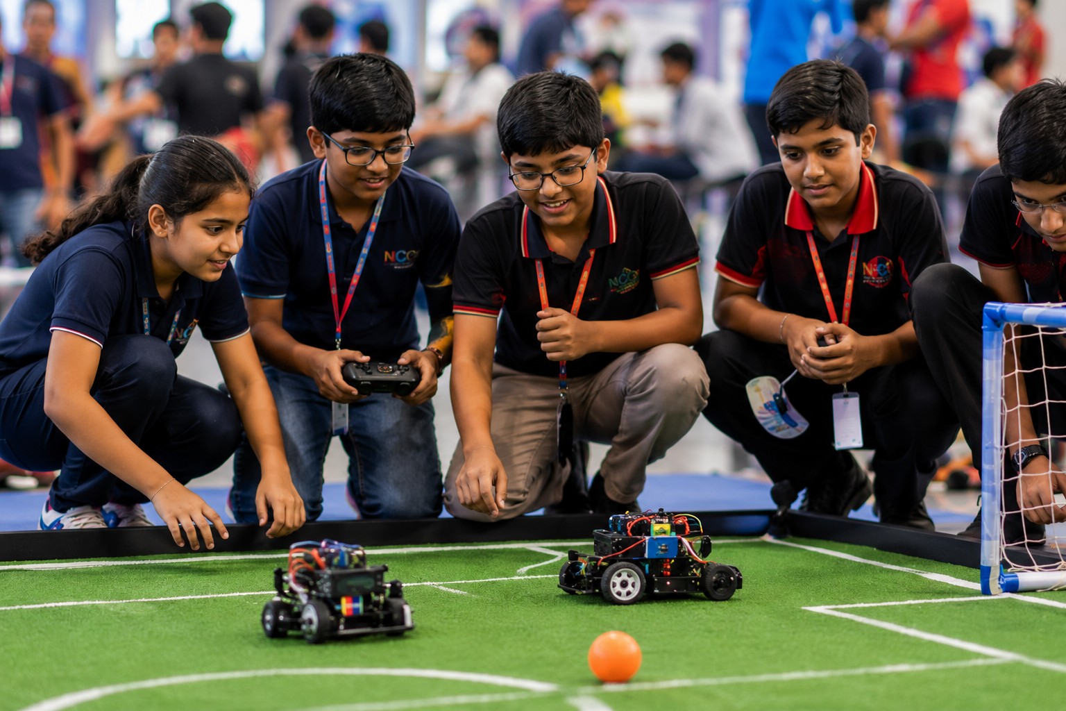 Students competing in robo soccer